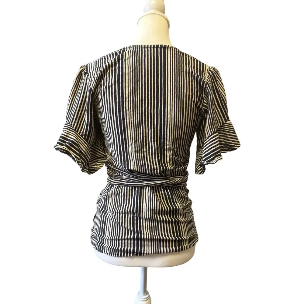 Free people womens M black and cream striped wrap top flutter sleeve tie waist